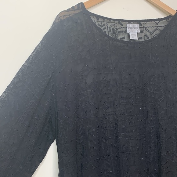Chico’s | Black Silk Beaded Sheer Bell Sleeve Textured Embroidered Tunic Top 2 M - Picture 10 of 17
